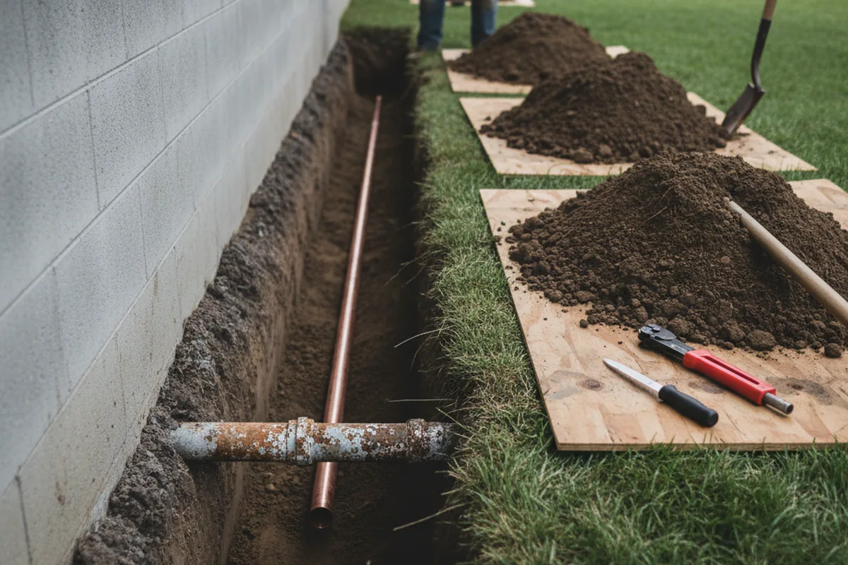 Excavated water line trench during Water Softener Installation in Trenton